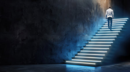 A lone man ascends illuminated steps in a dark environment, creating a striking contrast and evoking feelings of mystery and inspiration.の素材
