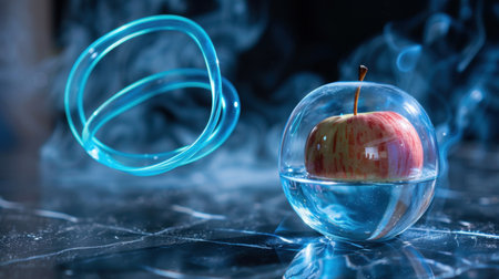 This captivating image showcases a shiny apple encased in a glass sphere filled with water, illuminated by swirling blue light and smoke, creating an enchanting atmosphere.の素材