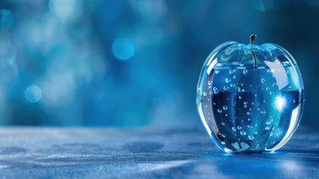 A stunning clear glass apple sculpture filled with shimmering water and playful bubbles, set against a tranquil blue background, perfect for artistic inspiration.の素材