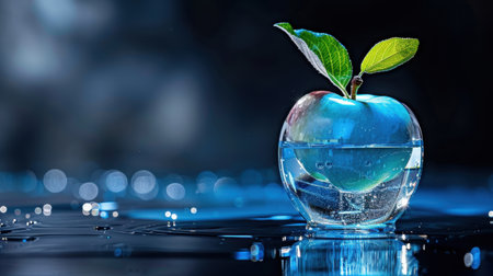 A fresh green apple nestled in crystal-clear water, surrounded by bubbles and leaves, creating an inviting scene representing health and vitality.の素材