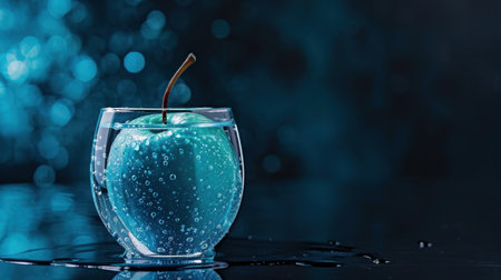 A mesmerizing image of a blue apple submerged in water, enclosed in a glass bowl, showcasing bubbles and reflecting light, perfect for creative projects.の素材