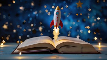 A vibrant and whimsical scene featuring a book with a rocket launching into a starry sky, symbolizing creativity and the power of imagination.の素材