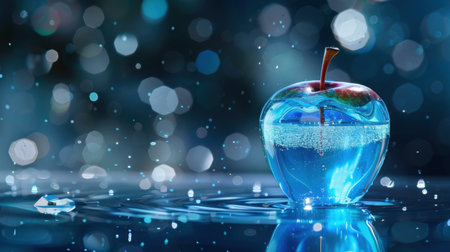 This stunning image features a vibrant blue apple immersed in water, with shimmering droplets and an enchanting bokeh background, perfect for creative projects.の素材