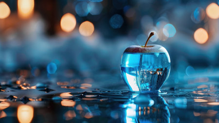 A mesmerizing blue apple rests in a shimmering liquid, surrounded by a dreamy bokeh background. Perfect for artistic or food themes, this image captivates with its vibrant colors and enchanting reflections.の素材