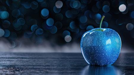 This image features a vibrant blue apple with a sparkling finish, set against a soft-focus bokeh background, perfect for creative design and photography.の素材