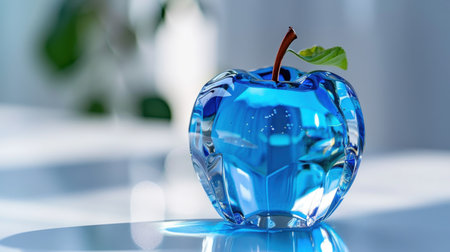 This stunning blue glass apple decoration features a delicate leaf, set against a softly lit minimalist background, ideal for art and home decor projects.の素材