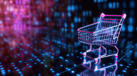 A visually striking image of a shopping cart set against a vibrant neon background, illustrating the intersection of e-commerce and modern technology trends.の素材