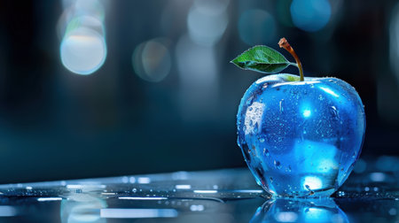 A stunning blue apple glistens with water droplets on a reflective surface, set against a soft-focus background that enhances its allure and beauty.の素材