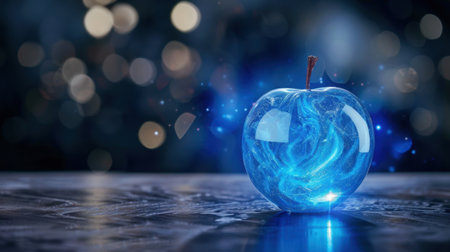 A captivating blue apple illuminated by swirling light effects, set against a dark background. Perfect for artistic projects, creative concepts, and digital art.の素材