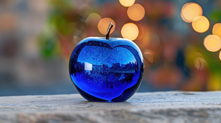 This captivating blue glass apple showcases a stunning reflection of a starry sky, complemented by a soft bokeh background. Perfect for artistic projects.の素材