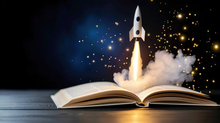 An imaginative scene featuring a rocket launching from an open book. This visual captures the essence of creativity, exploration, and the power of knowledge.の素材