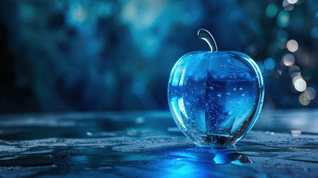 A captivating blue crystal apple resting on a reflective surface, surrounded by sparkling bubbles and a dreamy background that enhances its elegance and purity.の素材
