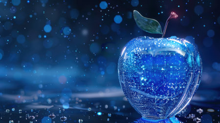 A stunning blue crystal apple sits gracefully in a dreamy atmosphere, surrounded by sparkling water droplets, creating a captivating and artistic visual.の素材
