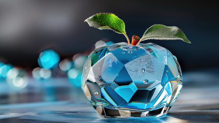 This stunning image features a crystal apple sculpture adorned with water droplets and a green leaf, set against a vibrant background. The artistic piece symbolizes freshness and elegance, perfect for creative projects.の素材
