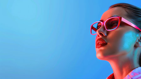 A stylish young woman poses confidently against a vibrant blue background, showcasing her trendy sunglasses and chic outfit. The image captures modern beauty and fashion.の素材