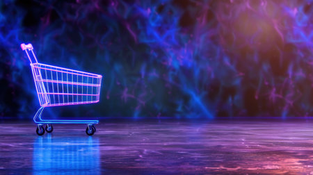 This image features a neon shopping cart against a vibrant, abstract background with electric lighting. It captures a modern retail environment, ideal for projects related to shopping, consumerism, and digital marketing themes.の素材