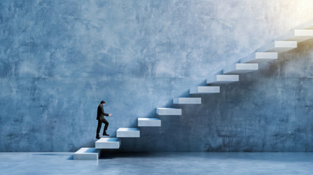 A businessman confidently ascends an abstract staircase set against a textured wall. This image symbolizes progress, ambition, and the journey toward career success.の素材