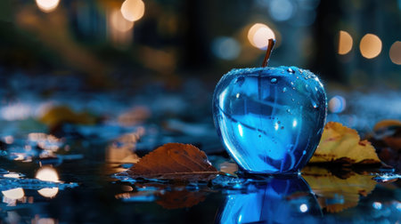 A stunning blue glass apple rests on wet autumn leaves, creating a captivating image with reflections and soft bokeh lights in the background.の素材