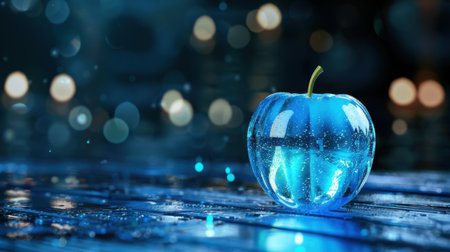This stunning image of a crystal blue apple features sparkling water drops and soft bokeh lights on a dark wooden surface, creating an elegant and serene atmosphere.の素材