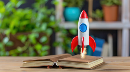 A vibrant rocket toy takes flight from an open book, representing the fusion of education and imagination. This imagery inspires learning and creativity.の素材