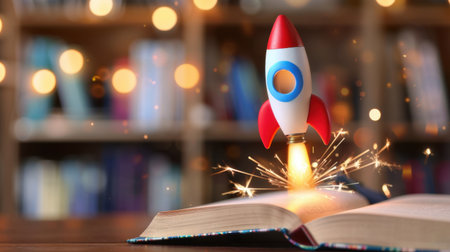 A captivating image of a vibrant rocket launching from an open book surrounded by sparkles, symbolizing imagination and creativity in education.の素材