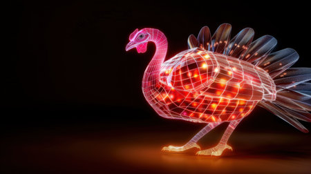 This stunning digital artwork features a turkey designed in a wireframe style with glowing elements, showcasing an innovative and artistic approach to a classic subject.の素材