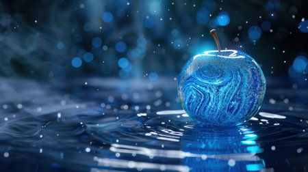 A mesmerizing blue marble apple rests gracefully on a water surface, surrounded by shimmering droplets and a captivating bokeh background that enhances its beauty.の素材