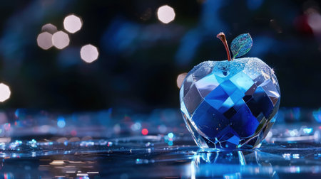 A stunning crystal apple sits on a reflective surface, enhanced by a dreamy bokeh background. The cool tones and unique design create an elegant visual perfect for artistic themes.の素材