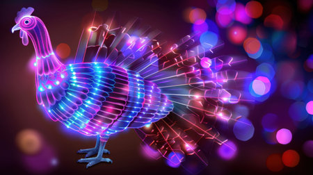 This vibrant digital illustration features a peacock adorned with colorful lights, creating a stunning display against a blurred bokeh background, ideal for creative projects.の素材