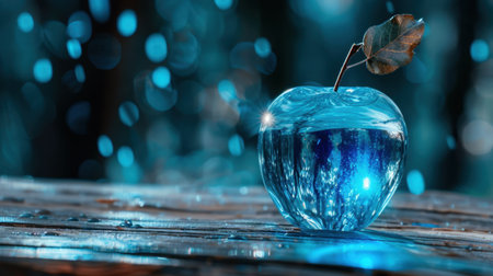 A surreal image of a blue apple with a leaf, sitting on a wooden table. The apple reflects shimmering lights, creating an enchanting atmosphere in nature.の素材