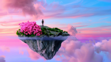 A breathtaking view of a solitary figure standing on a floating island adorned with vibrant flowers, set against a dreamy sky filled with soft clouds.の素材