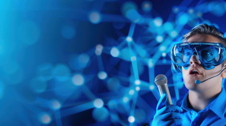 A young scientist stands confidently in a futuristic laboratory, donning safety gloves and goggles while holding a microphone, surrounded by high-tech visuals.の素材