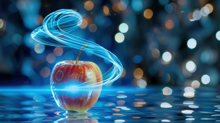 A stunning digital art representation of an apple surrounded by glowing light trails, featuring a vibrant bokeh background that enhances its appeal.の素材