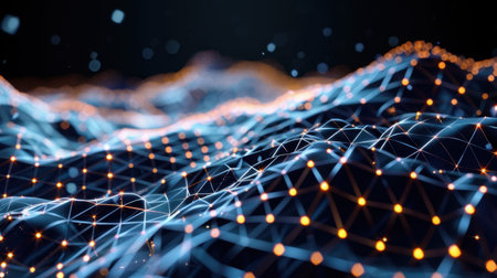 Explore an abstract digital landscape featuring glowing nodes and intricate network connections against a dark background, creating a futuristic atmosphere.の素材