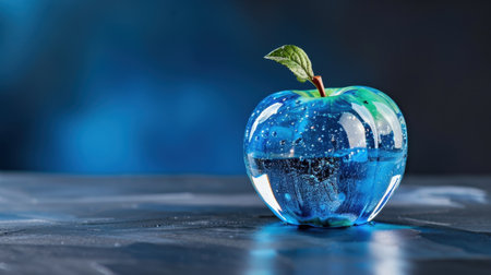 A striking image of a blue apple adorned with water droplets and a green leaf, set against a dark background, showcasing artistic beauty and freshness.の素材