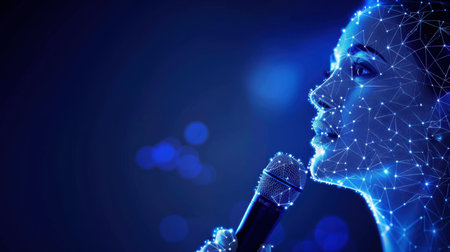 An abstract image showcasing a woman singing into a microphone, enveloped in a glowing digital pattern, symbolizing creativity and technology in music.の素材