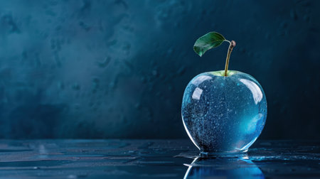 A stunning close-up of a sparkling blue apple with glistening water droplets, set against a dark background, showcasing its vibrant texture and freshness.の素材