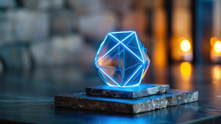 A captivating glowing geometric shape rests on a textured table, illuminated by warm candlelight in the background, creating a modern and artistic ambiance.の素材