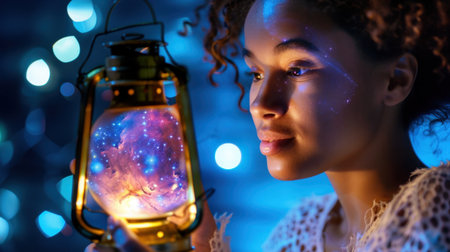 A woman holds a magical lantern that projects a stunning cosmic scene, creating a serene and dreamy atmosphere in a glowing blue environment.の素材