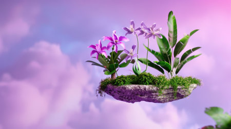 A beautiful floating garden featuring vibrant orchids and lush plants set against a dreamy pink sky, creating a serene and imaginative atmosphere.の素材