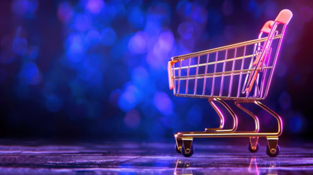 A golden shopping cart placed against a vibrant blue bokeh background, perfect for concepts related to e-commerce, retail, and modern shopping experiences.の素材