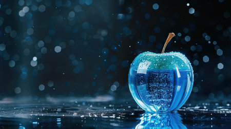 A captivating blue apple sits in clear water, adorned with droplets that capture reflected light, creating a tranquil and artistic ambiance.の素材