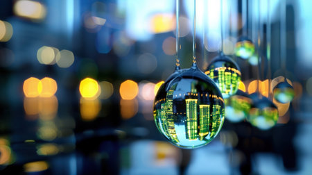 Captivating reflection of a modern city skyline captured in glass orbs, surrounded by vibrant bokeh lights, creating a surreal urban atmosphere.の素材