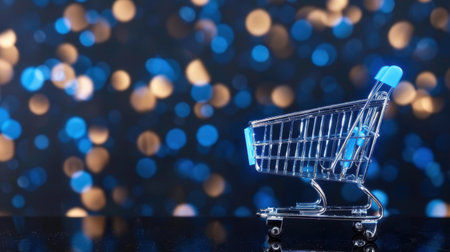 A clear shopping cart sits on a reflective surface, surrounded by vibrant bokeh lights. This image captures the essence of modern retail shopping and consumer experience.の素材
