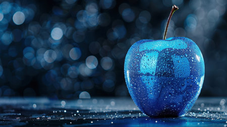 A stunning blue apple with water droplets sits elegantly on a glossy surface, creating a vibrant focal point against a soft, blurred background.の素材