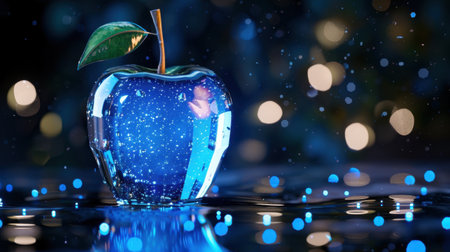 A beautifully crafted glass apple with a blue glitter effect is placed on a reflective surface, surrounded by soft bokeh lights, creating a magical atmosphere.の素材