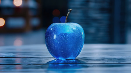A mesmerizing shiny blue apple sits elegantly on a wooden table, adorned with water droplets and a softly blurred bokeh background in dim light.の素材