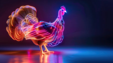This captivating image features a turkey illuminated with vibrant neon light trails, creating a stunning visual against a dark background. Ideal for festive themes.の素材