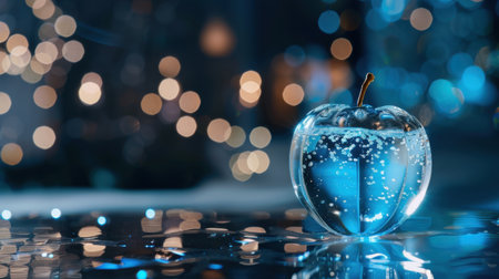 A mesmerizing transparent apple filled with bubbles rests on a reflective surface against a dreamy bokeh background, evoking elegance and creativity.の素材