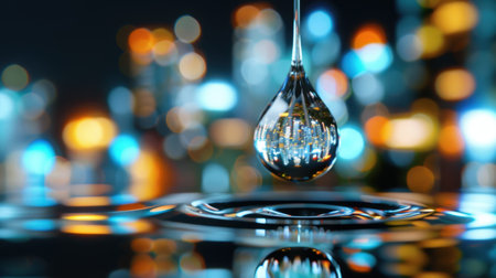 This stunning image captures a water droplet poised on the surface, reflecting vibrant city lights with a bokeh effect, creating a serene and artistic visual experience.の素材
